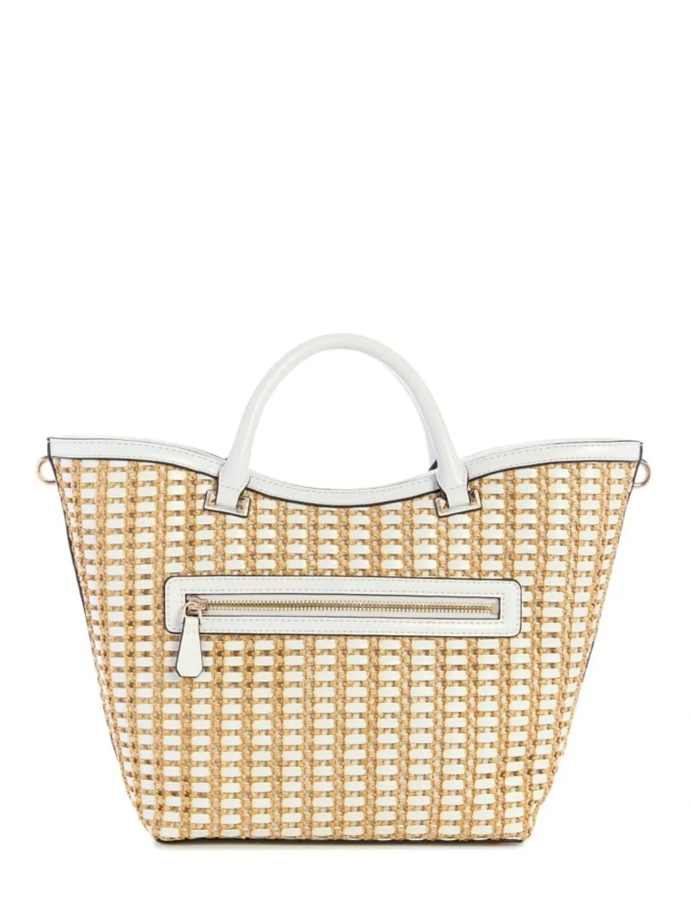 New GUESS White and Natural Woven Tote with Detachable Strap